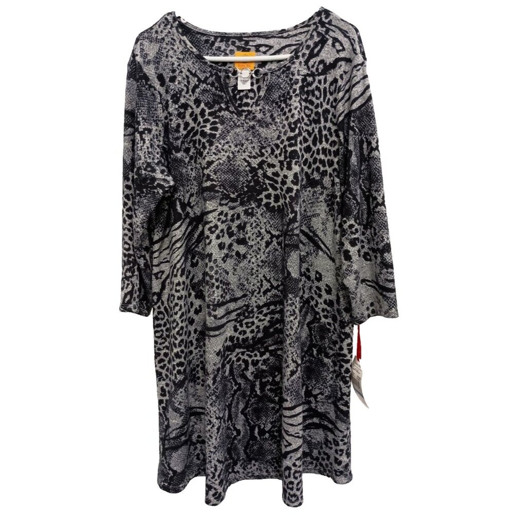 Ruby Rd Womens Sweater Dress XL Gray Black Animal Print Soft Knit Long Sleeves